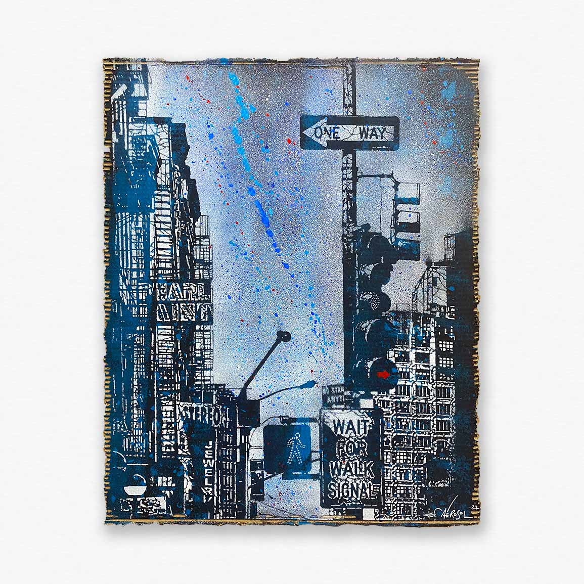 Oeuvre de Jef Aérosol avec un paysage urbain de la ville de New York sur fond de couleur bleu