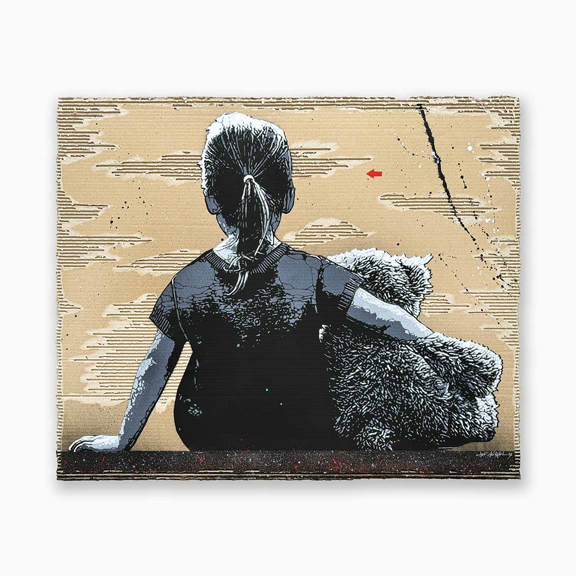 Pochoir street art de l'artiste Jef Aérosol. Fille assise de dos avec un nounours sous le bras, poétique.