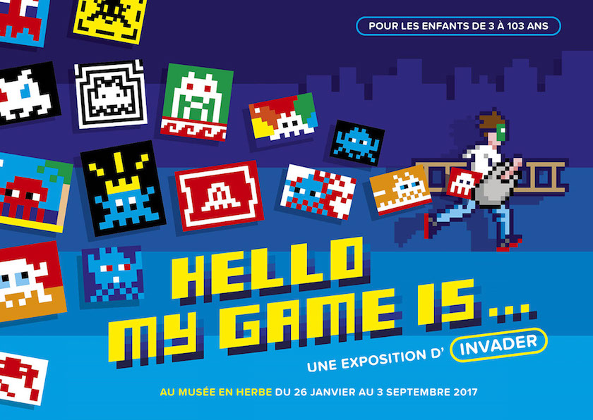 Hello my game is-Invader-Artiste-Exposition-Paris-Musée-en-Herbe-Street-Art