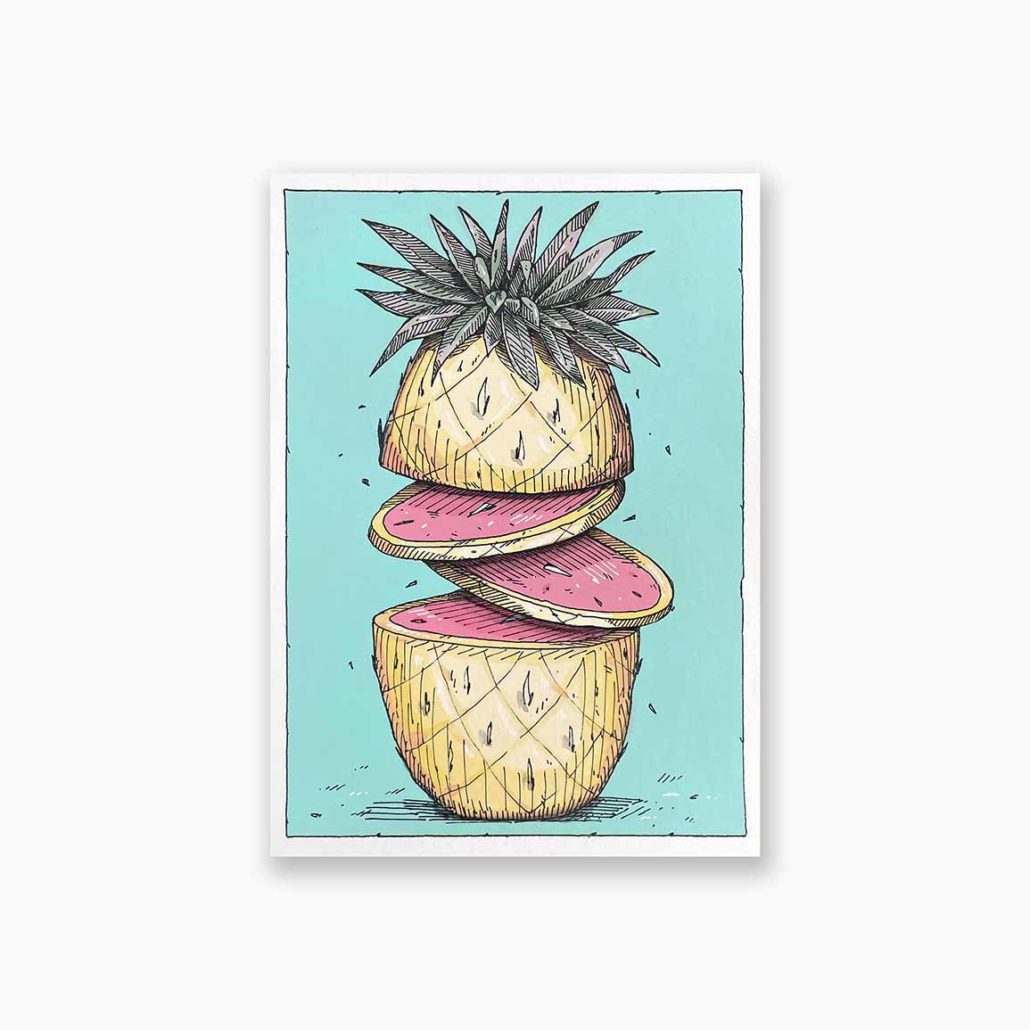 Oeuvre sur papier de Kesadi. Ananas découpé, peinture contemporaine. Biarritz