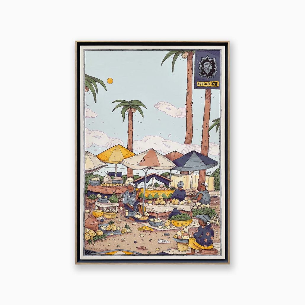 Peinture de l'artiste Kesadi représentant un marché aux fruits à Assini en Côte d'Ivoire.