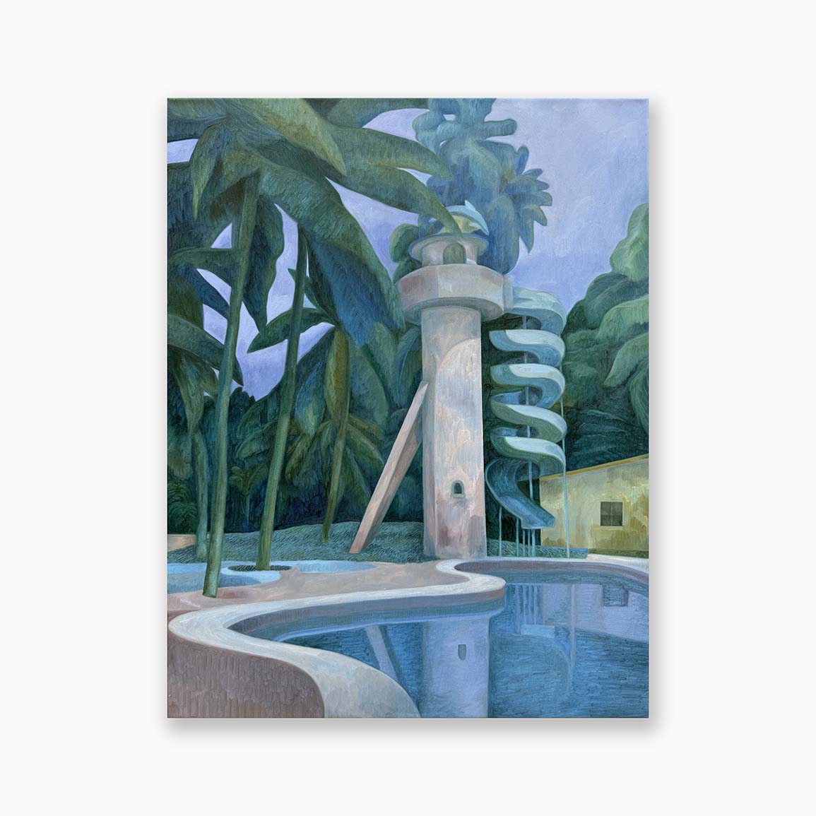 Oeuvre d'Olivier Kenneybrew. Un petit parc avec bassin et toboggan, ambiance nocturne. Art contemporain