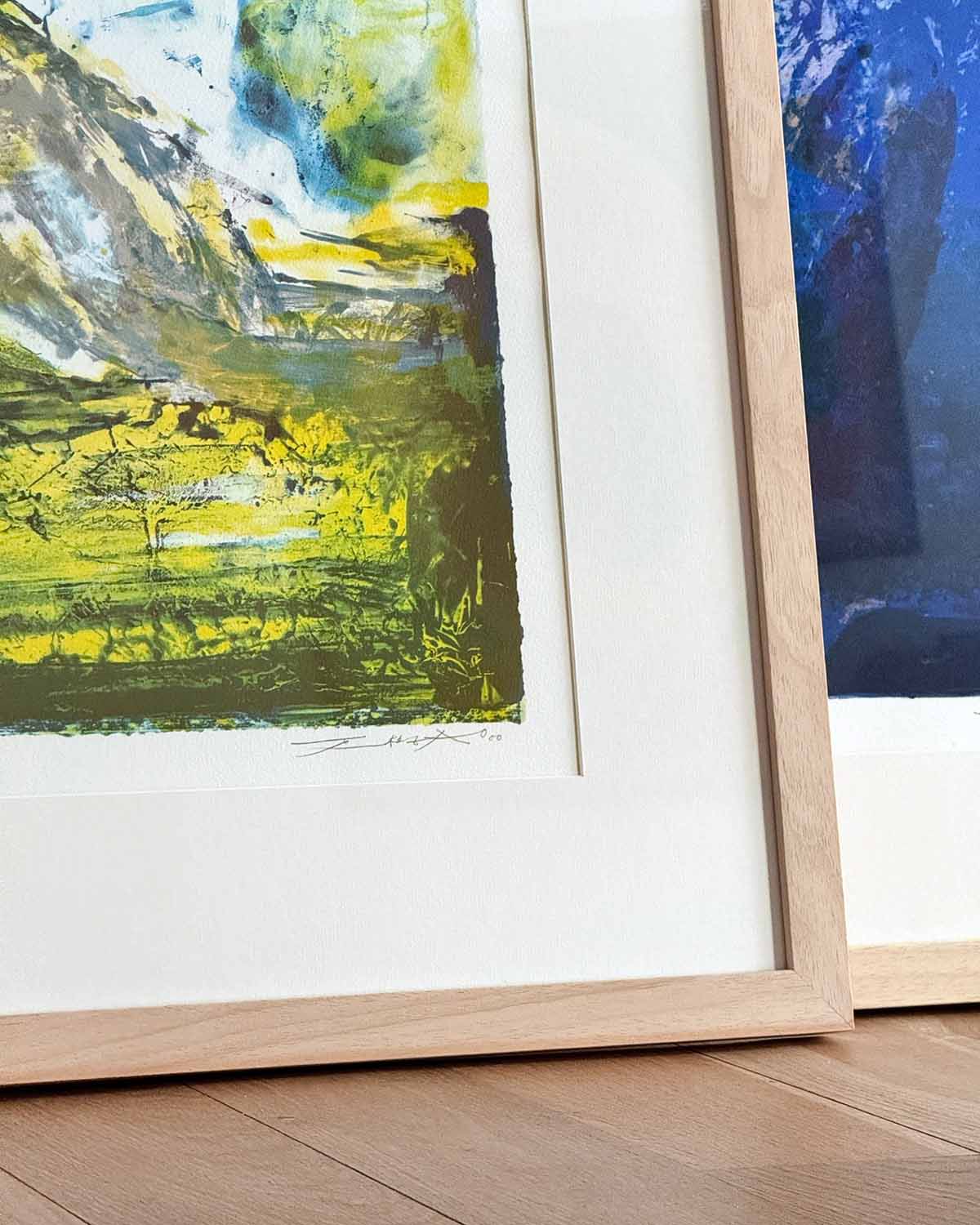 lithographie de l'artiste chinois zao wou-ki. oeuvre vert et bleu. Encadrement. Exposition galerie bouscayrol