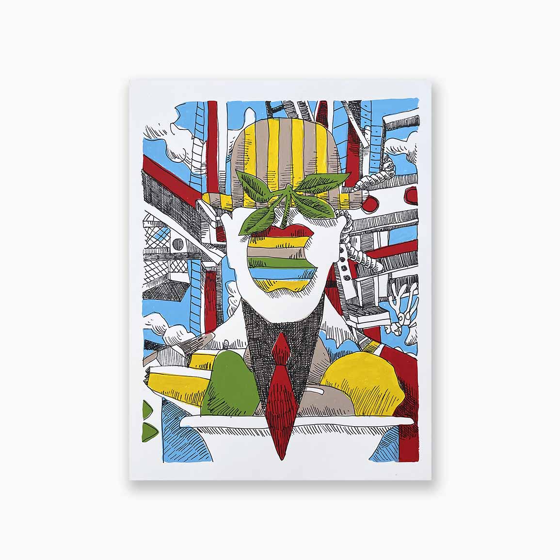 Oeuvre de Speedy Graphito sur papier. Peinture représentant une oeuvre de Magritte avec Fernand Leger en couleur.