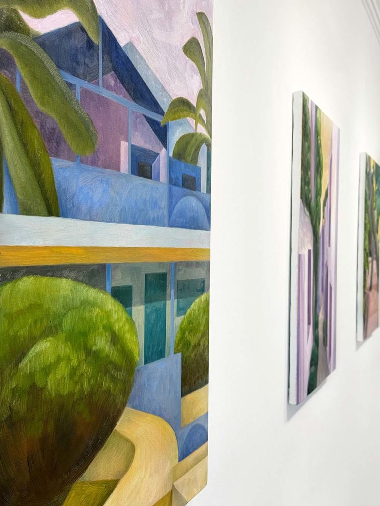 Focus sur une oeuvre d'olivier kenneybrew. Paysage et construction colorée.